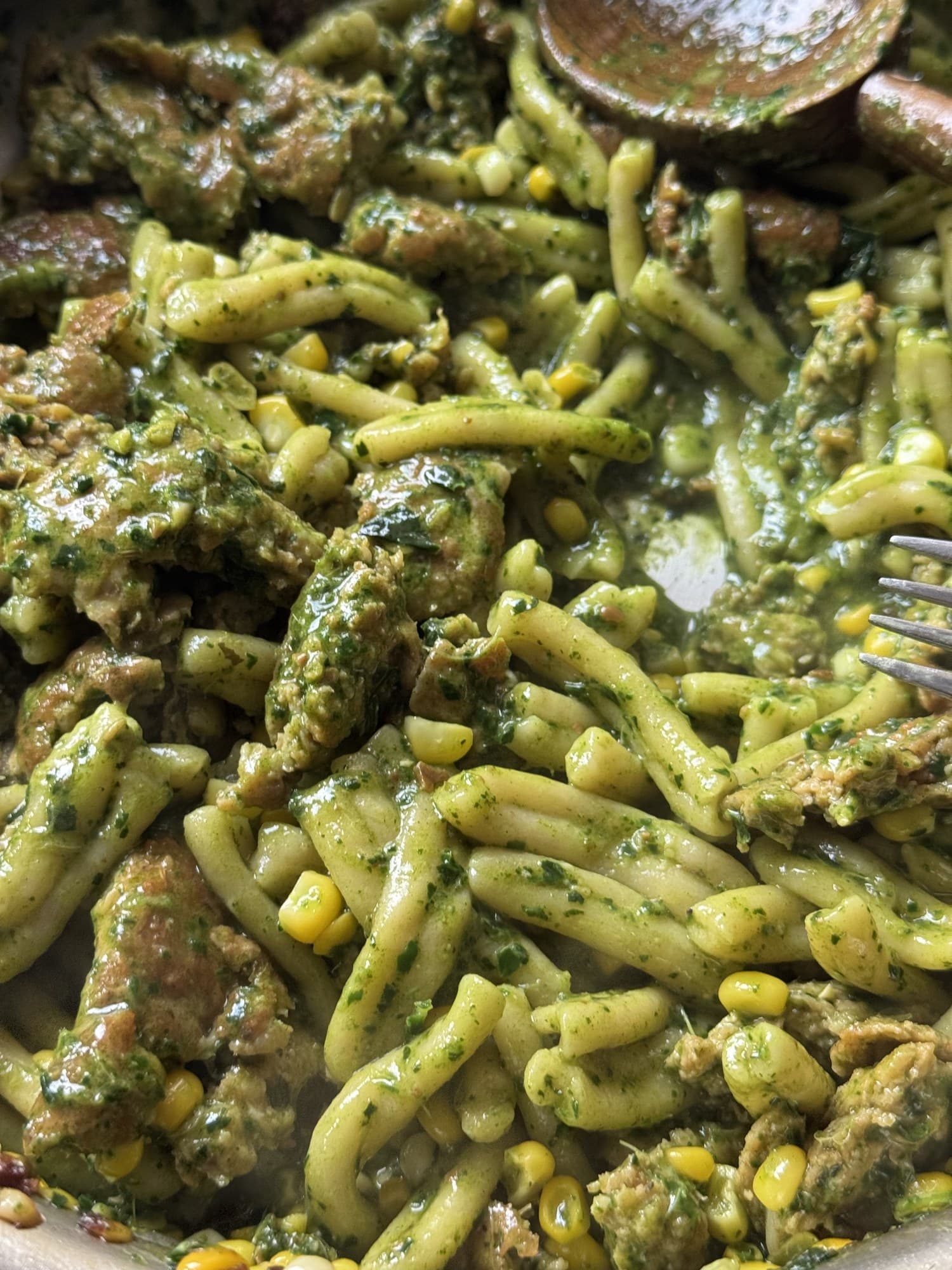 Strozzapreti with Sweet Corn, Pesto & Chicken Sausage